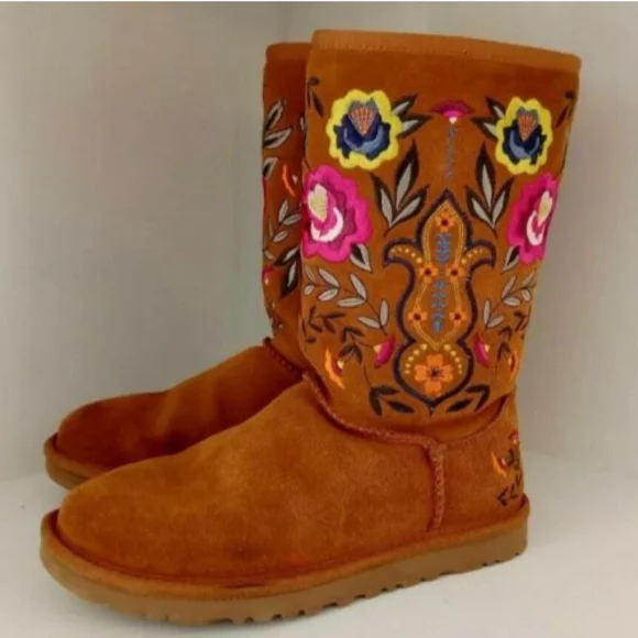 UGG Australia Juliette Boots Floral Embroidery Suede Chestnut Womens Size 5 - Picture 5 of 12